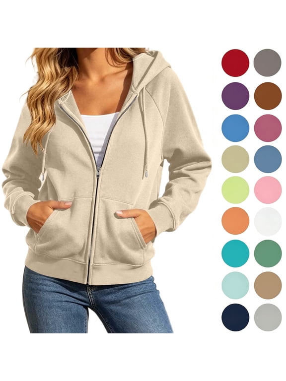 Womens Zip Up Hooded Sweatshirt Full Zip Solid Long Sleeve Hoodie Jacket with Pockets, Drawstring Fall Casual Top Outerwear