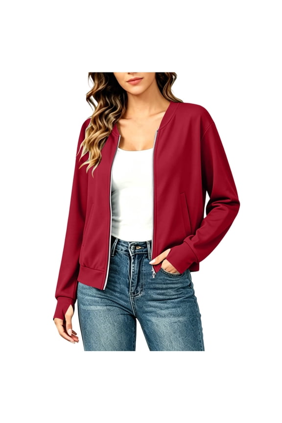 Womens Zip Up Jacket with Pocket, Long Sleeve Fall Casual Clothes with Thumb Hole Lightweight Outerwear Coat