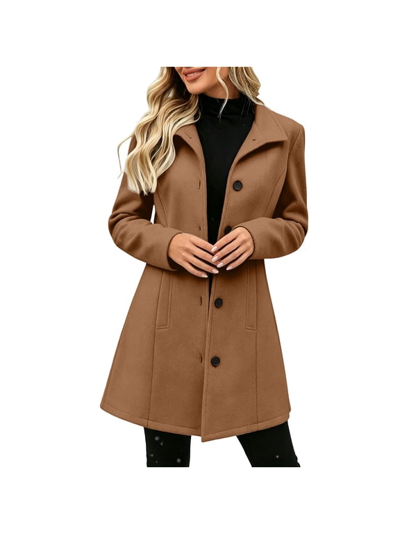 Wool Blend Coats for Women Winter Casual Single Breasted Coats with Pocket, Lapel Mid-Length Overcoats Plus Size Outerwear S