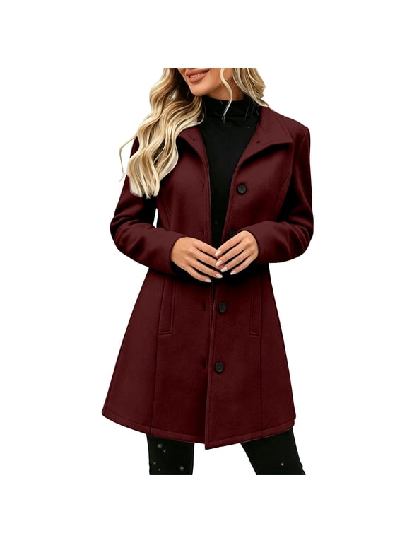 Wool Blend Coats for Women Winter Casual Single Breasted Coats with Pocket, Lapel Mid-Length Overcoats Plus Size Outerwear XXL