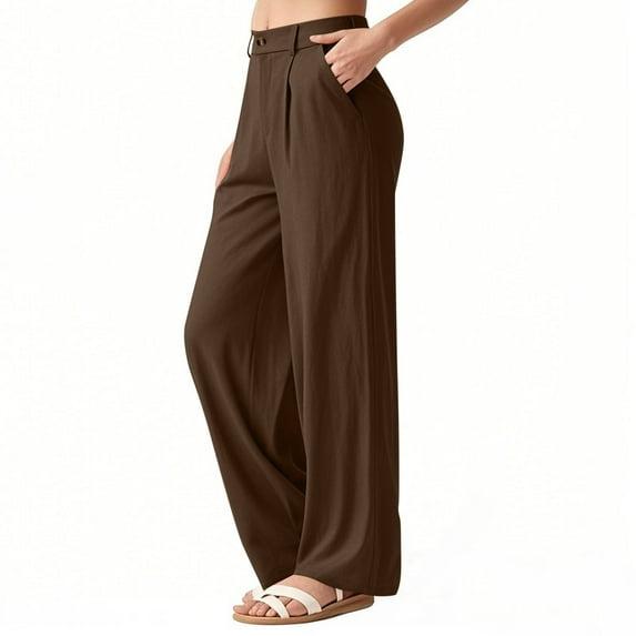 Yotami Work Dress Pants for Women with Pocket Solid Color High Waisted Soft Linen Trousers Wide Leg Ankle Length Pant for Travel, Brown M