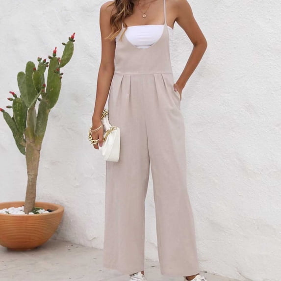 Yotami Workout Jumpsuits for Women Summer Wide Leg Loose Fit Plus Size Cotton Linen Rompers for Holiday Solid Color Sleeveless Suspender Jumpsuits with Pocket, Khaki, XXL