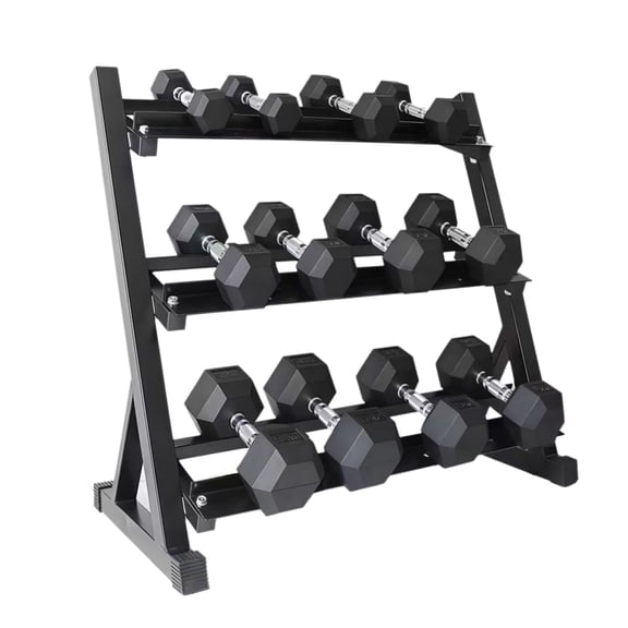 Yotila 350LB Rubber Hex Dumbbell Set with 3-Tier Storage Rack, Cast Iron Core & Chrome Knurled Grip, Home Gym Strength Training Equipment