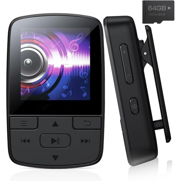 MP3 Player, 64GB Bluetooth HiFi Sound, Built-in Speaker, FM/Recorder/E-Book, Earphones