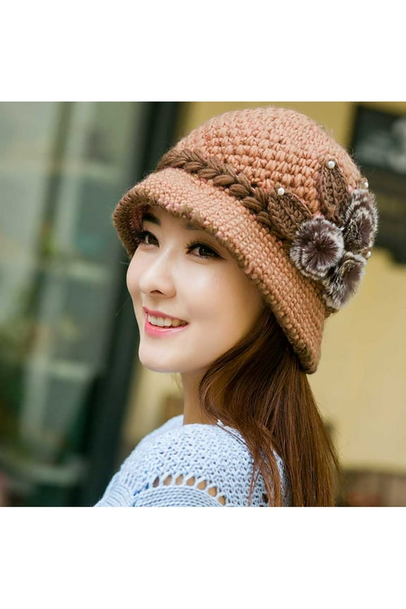 Women's Winter Warm Crochet Knitted Beanie Hat with Flower Decoration