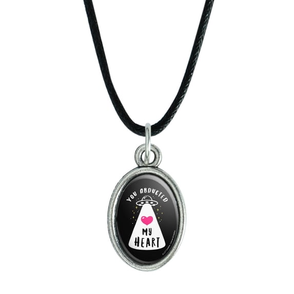 You Abducted My Heart Alien Love Funny Humor Antiqued Oval Charm Pendant with Black Satin Cord