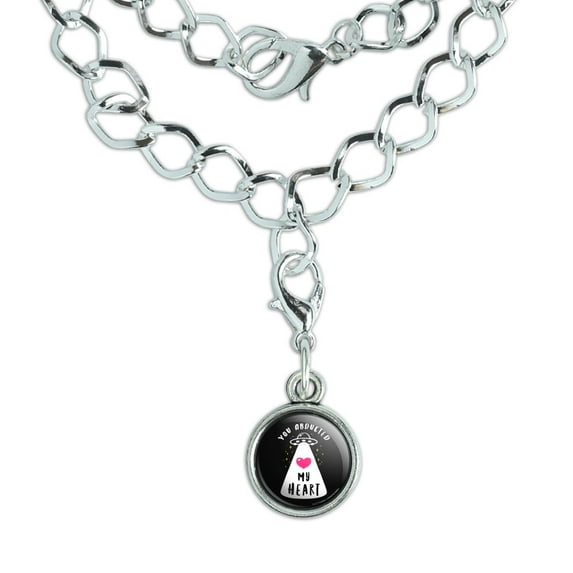 You Abducted My Heart Alien Love Funny Humor Silver Plated Bracelet with Antiqued Charm