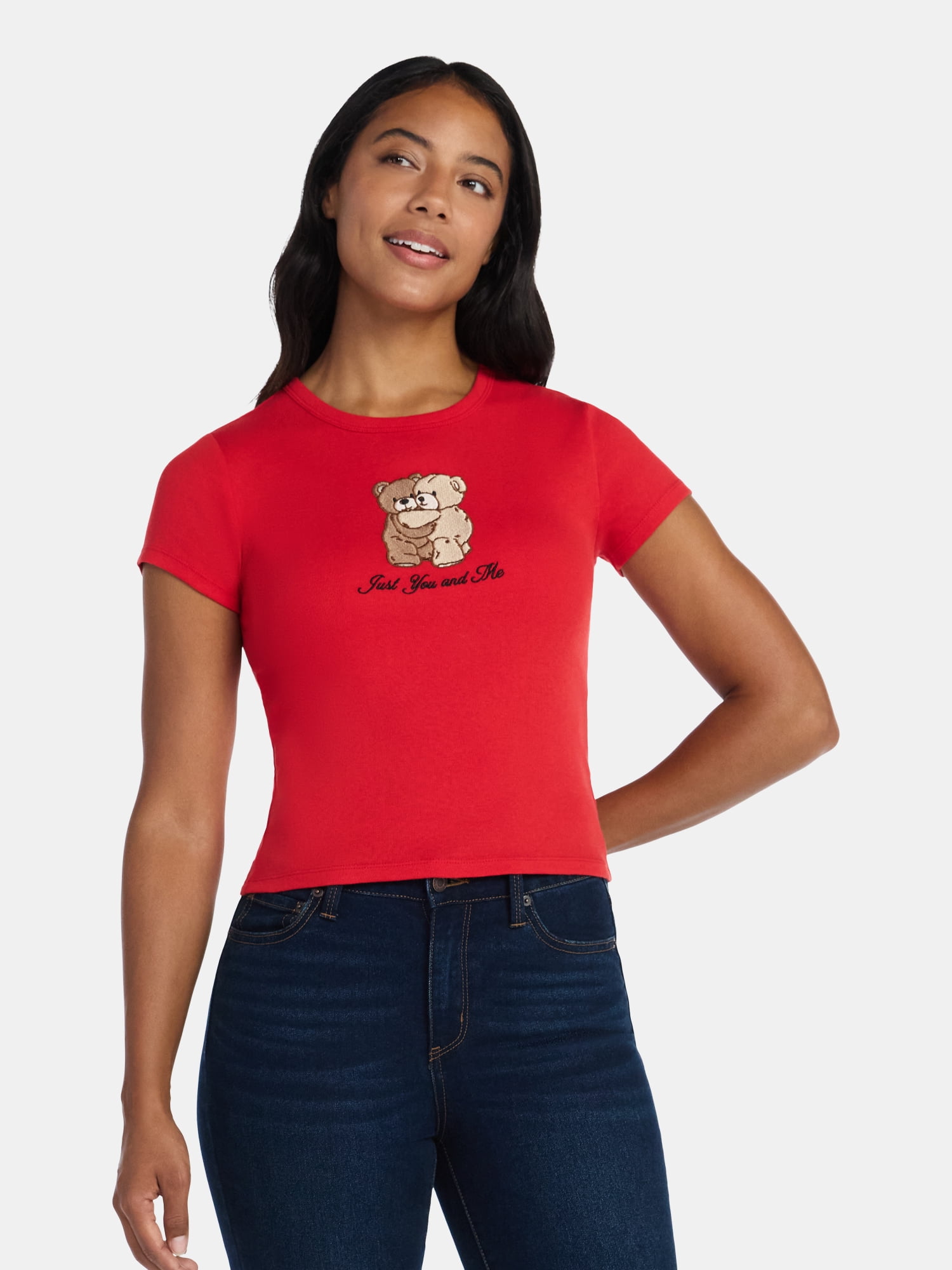 Valentine's Day Women’s Teddy Bears Embroidered Graphic Tee with Short Sleeves, Sizes XXS-XXL