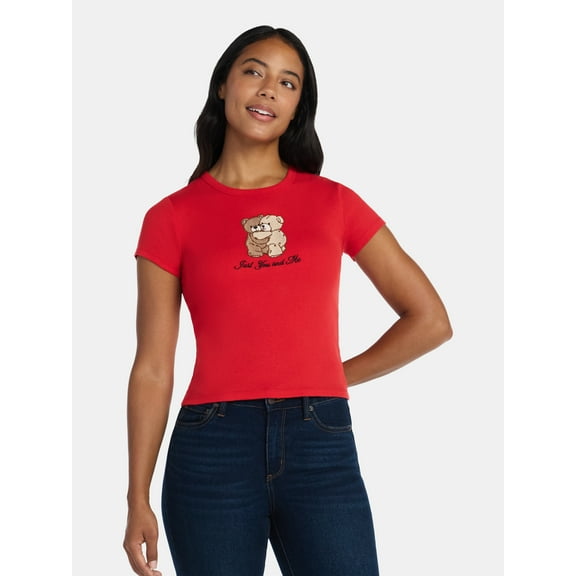 Valentine's Day Women’s Teddy Bears Embroidered Graphic Tee with Short Sleeves, Sizes XXS-XXL