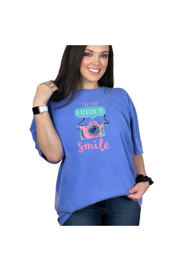 You Are A Reason To Smile T-Shirt, Cute Camera Design Tee, Positive Message Shirt, Inspirational Graphic Tee, Fun Camera Art, Flo Blue Comfort Colors T-Shirt, Small