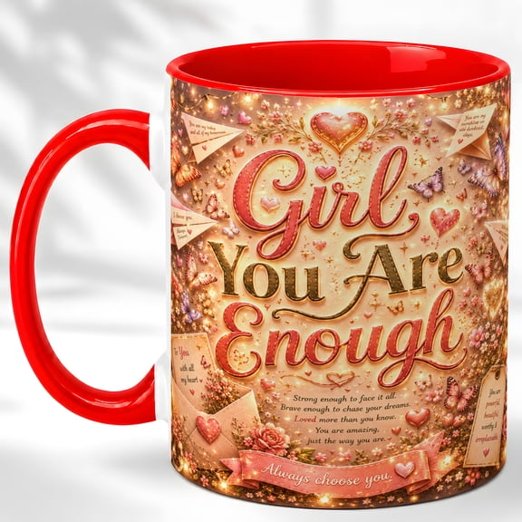 You Are Enough Coffee Mug, Inspirational Gift for Women, Self Love Quote Cup, Floral Heart Butterfly Design, Ceramic 11 Oz Mug