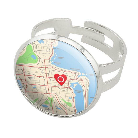 You Are Here Heart Map Skeleton Silver Plated Adjustable Novelty Ring