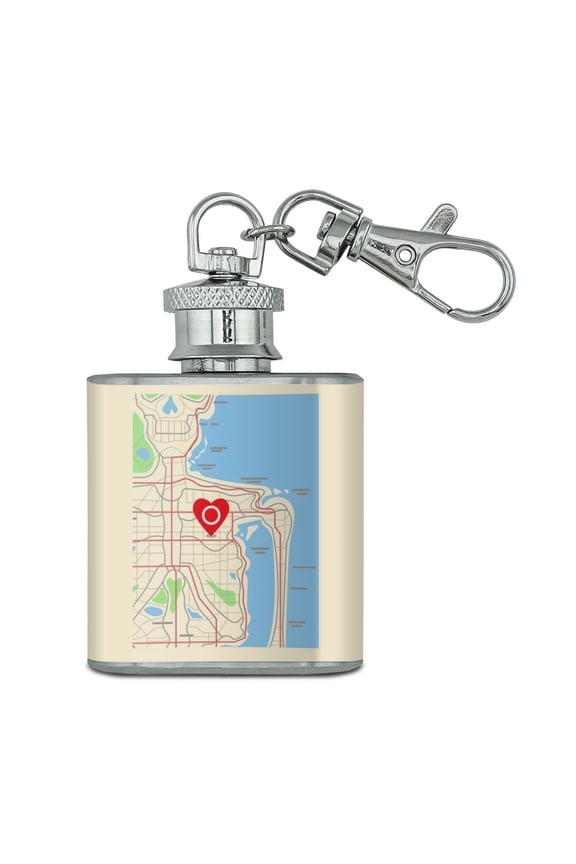 You Are Here Heart Map Skeleton Stainless Steel 1oz Mini Flask Key Chain