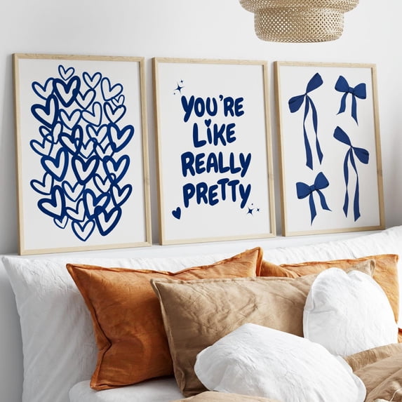 You Are Like Really Pretty Navy Blue Hearts Bows Coquette Retro Quote Set 3 Stretched Canvas 12x18