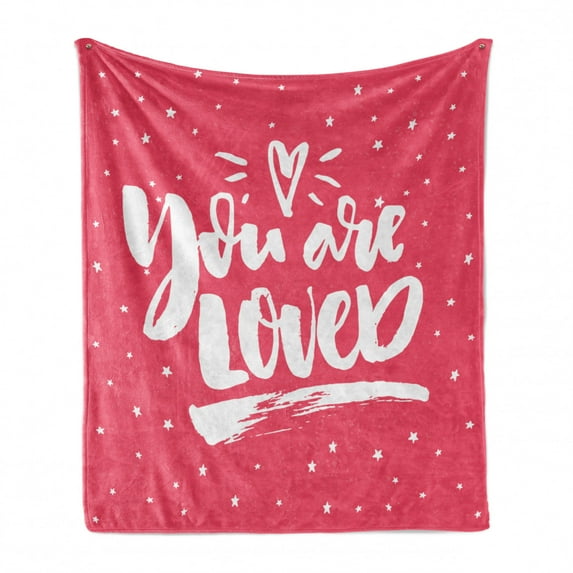 You Are Loved Soft Flannel Fleece Blanket, Bold Scribble Style Words and Heart on a Background of Mini Stars, Cozy Plush for Indoor and Outdoor Use, 70" x 90", Dark Coral and White, by Ambesonne
