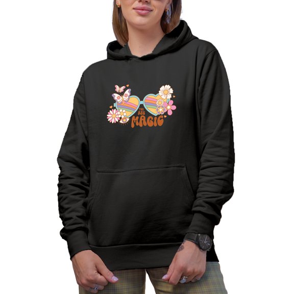 You Are Magic, Retro Butterfly, Flower & Heart Sunglasses Art Merch Gift, Black Hooded Sweatshirt or Hoodie, XL