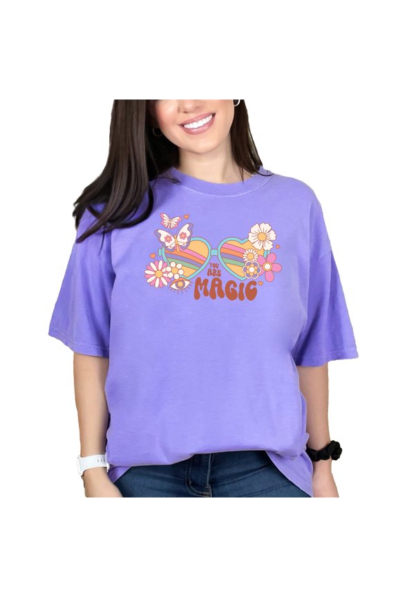You Are Magic, Retro Butterfly, Flower & Heart Sunglasses Art, Violet Comfort Colors T-Shirt, Medium