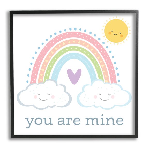 You Are Mine Expression Smiling Cloud Sun Rainbow Typography Framed Art Print Wall Art, 17x17
