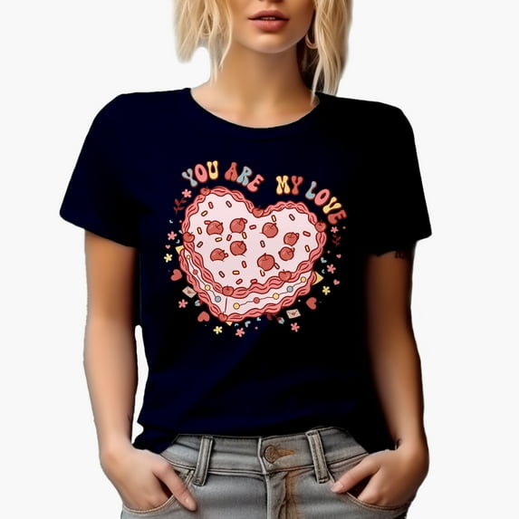 You Are My Love with Heart Cherry Pie & Wavy Text, Retro Valentine's Day Gift, Navy Blue T-Shirt, Small