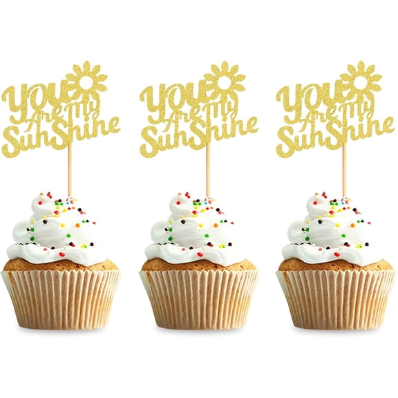 You Are My Sunshine Cupcake Toppers, Gold Glitter, Sunshine Theme, Baby Shower, Birthday, Wedding Party Decorations, 12 Pack