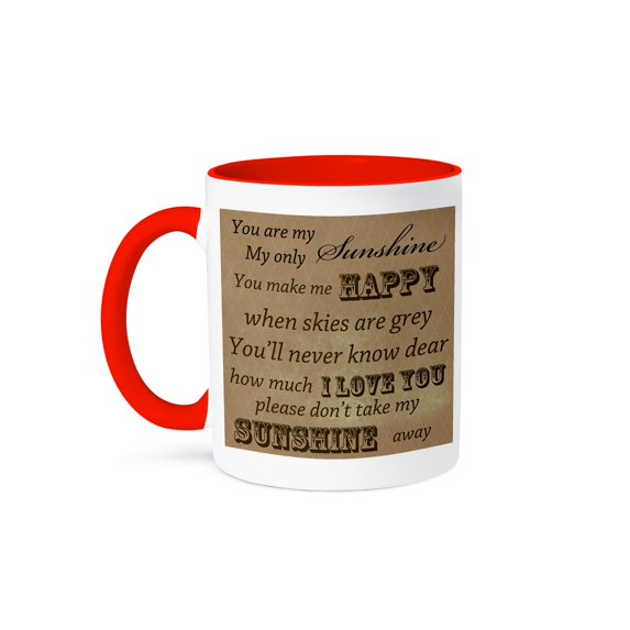 3dRose, You Are My Sunshine in Brown- Word Art- Vintage Song, 11oz Two-Tone Red Mug