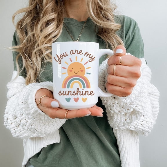 You Are My Sunshine Mug, Colorful Rainbow Heart Coffee Cup, Friendship Gift, Positive Quote Tea Mug, Cute Boho Kitchen Decor, 11oz 15oz 20oz