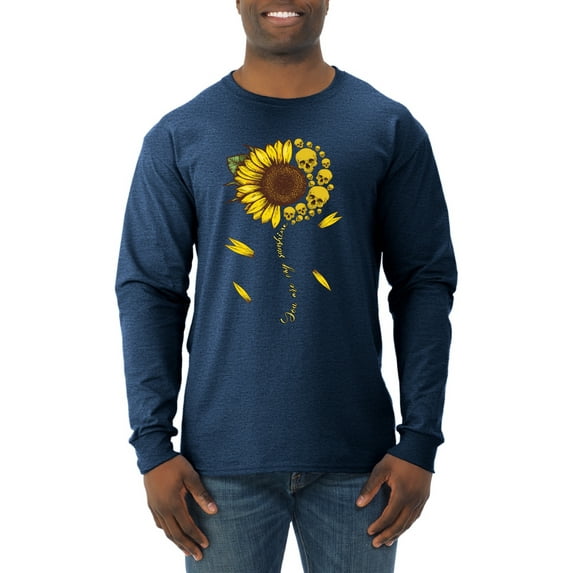 You Are My Sunshine Skull And Sunflower Inspirational/Christian Mens Long Sleeve Shirt, Vintage Heather Navy, 3XL