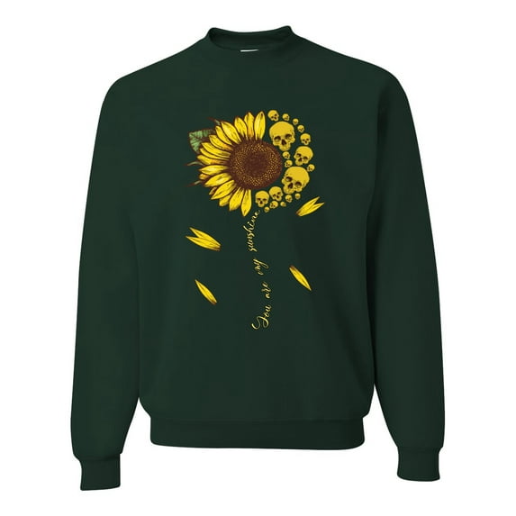 You Are My Sunshine Skull And Sunflower Inspirational/Christian Unisex Crewneck Graphic Sweatshirt, Forest Green, Medium