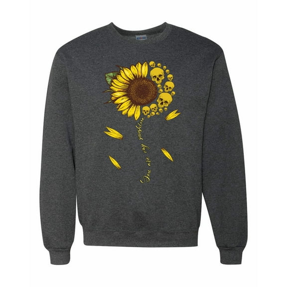 You Are My Sunshine Skull And Sunflower Inspirational/Christian Unisex Crewneck Graphic Sweatshirt, Heather Black, 3XL