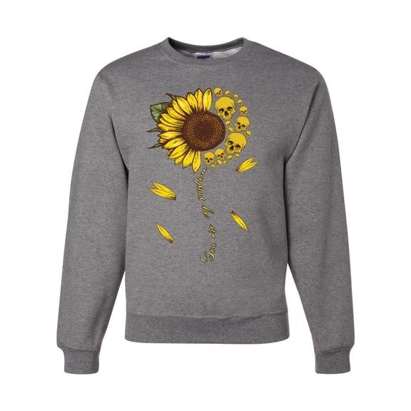 You Are My Sunshine Skull And Sunflower Inspirational/Christian Unisex Crewneck Graphic Sweatshirt, Heather Grey, X-Large