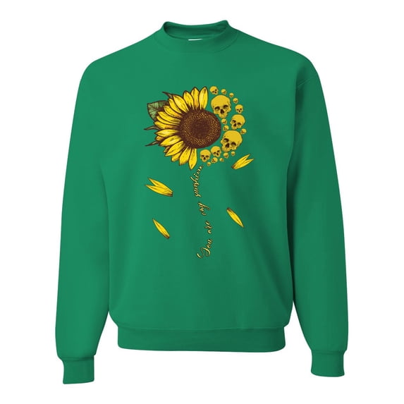 You Are My Sunshine Skull And Sunflower Inspirational/Christian Unisex Crewneck Graphic Sweatshirt, Kelly, Large