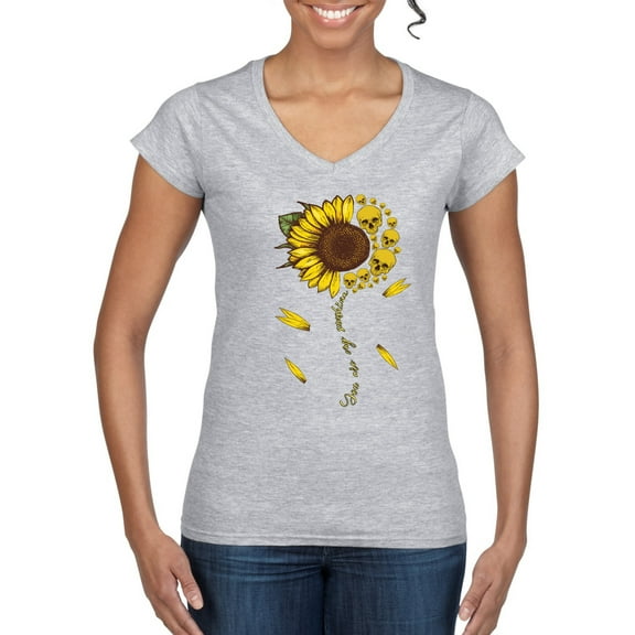 You Are My Sunshine Skull And Sunflower Inspirational/Christian Womenâ€™s Standard V-Neck Tee, Heather Grey, X-Large