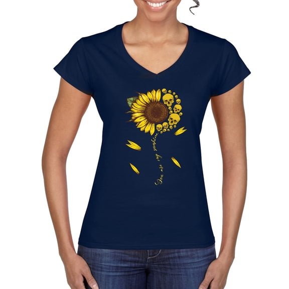 You Are My Sunshine Skull And Sunflower Inspirational/Christian Womenâ€™s Standard V-Neck Tee, Navy, Medium
