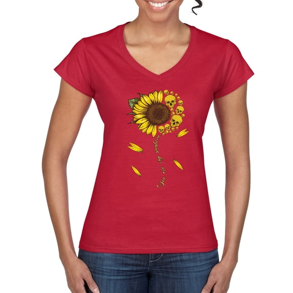 You Are My Sunshine Skull And Sunflower Inspirational/Christian Women’s Standard V-Neck Tee, Red, Medium