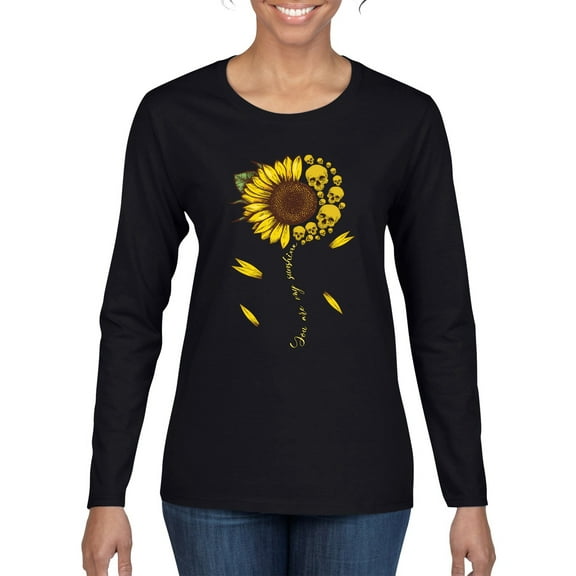 You Are My Sunshine Skull And Sunflower Inspirational/Christian Womens Graphic Long Sleeve T-Shirt, Black, Small