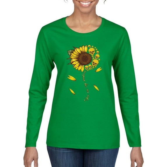 You Are My Sunshine Skull And Sunflower Inspirational/Christian Womens Graphic Long Sleeve T-Shirt, Kelly, X-Large