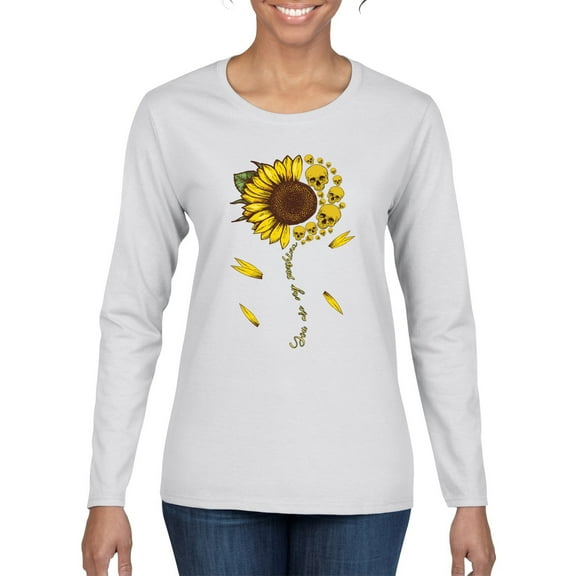 You Are My Sunshine Skull And Sunflower Inspirational/Christian Womens Graphic Long Sleeve T-Shirt, White, 2XL