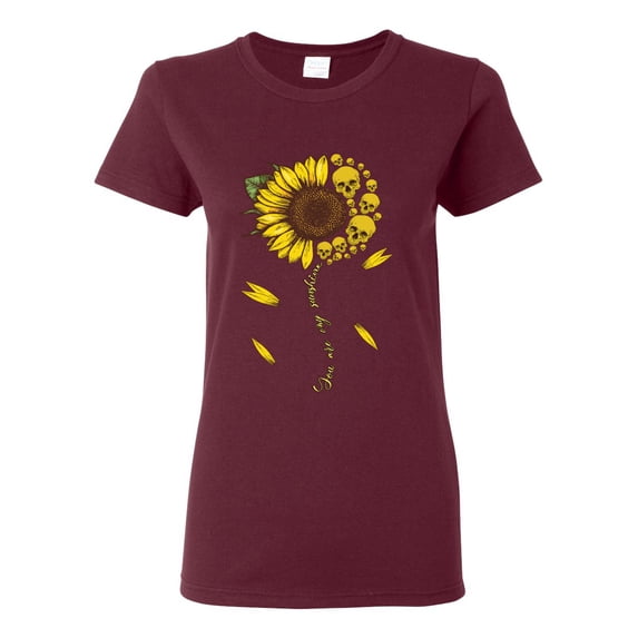 You Are My Sunshine Skull And Sunflower Inspirational/Christian Womens Graphic T-Shirt, Maroon, 2XL