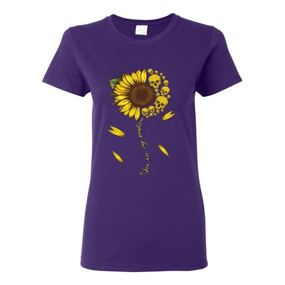 You Are My Sunshine Skull And Sunflower Inspirational/Christian Womens Graphic T-Shirt, Purple, Large