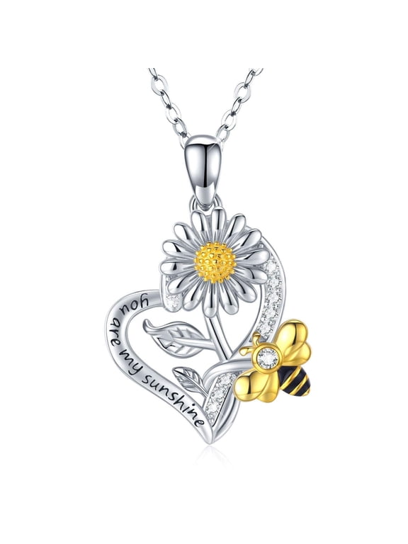 You Are My Sunshine Sunflower and Bumble Bee Heart Pendant Necklace for Women, Dainty Jewelry, Birthday or Christmas Gift