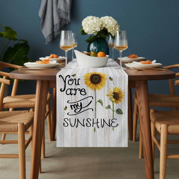 You Are My Sunshine Words Table Runner-36 Inch Long Farm Sunflowers Bees Table Runners Linen Burlap Tablerunner for Kitchen Dining Room Holiday Party