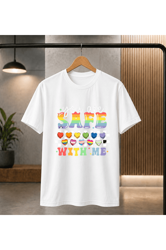 You Are SAFE With Me Rainbow Pride Hearts T-Shirt, for men & women, S-5XL