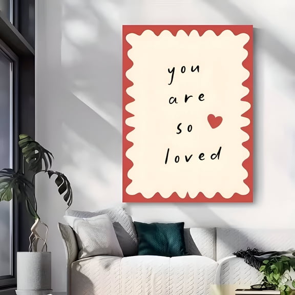 You Are So Loved Nursery Wall Art Poster Modern Beige Red Scalloped Border Cute Quote Decor for Baby Kids Bedroom, UNFRAMED 16x24