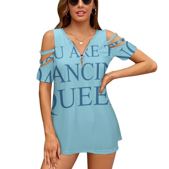 You Are The Dancing Queen Womens Summer V Neck Zipper Top Short Sleeve T Shirt Off Shoulder Top Casual Classy Loose Shirts