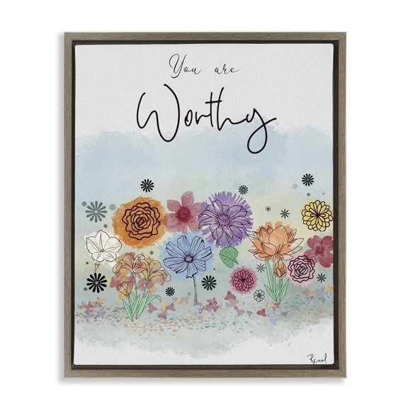 Stupell Industries You Are Worthy Modern Blooms Brown Framed Floater Canvas Wall Art, design by Renel Peters, 31 x 25