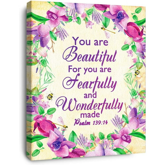 You Are Beautiful Psalm 139:14 Canvas Wall Art,Bible Verse Scripture Canvas Painting Prints for Christian Home Bedroom Office Church Religious Wall Decor