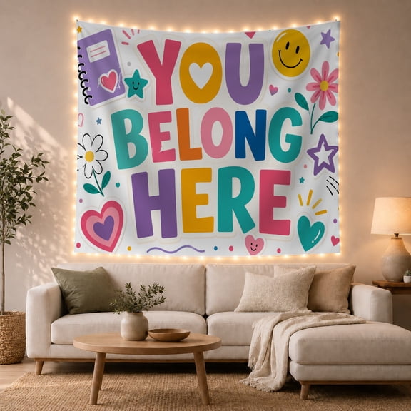 You Belong Here Message With Hearts and Flowers, Inspirational Retro Style for Teachers, Classroom Wall Decor, Back to School Gift, Tapestry Wall Hanging for Classroom and Dorm