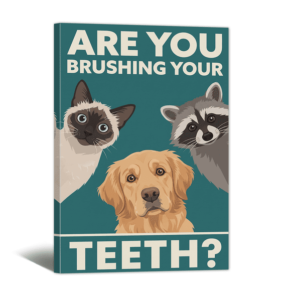 Are You Brushing Your Teeth Bathroom Canvas Wall Art Humorous Picture Print, Cute Animal Paintings Abstract Artwork for Home Dorm Apartment, Restroom Wall Decor