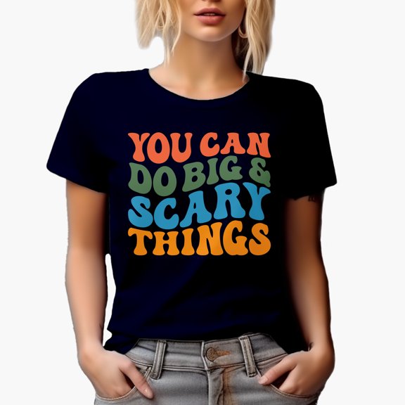 You Can Do Big & Scary Things, Motivational Quote, Groovy Retro Wavy Text Merch Gift, Navy Blue T-Shirt, XL