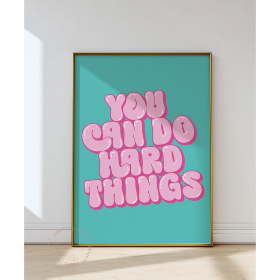 You Can Do Hard Things Print, Pink Teal Retro Typography Home Decor #2208, Stretched Canvas Size 16x24